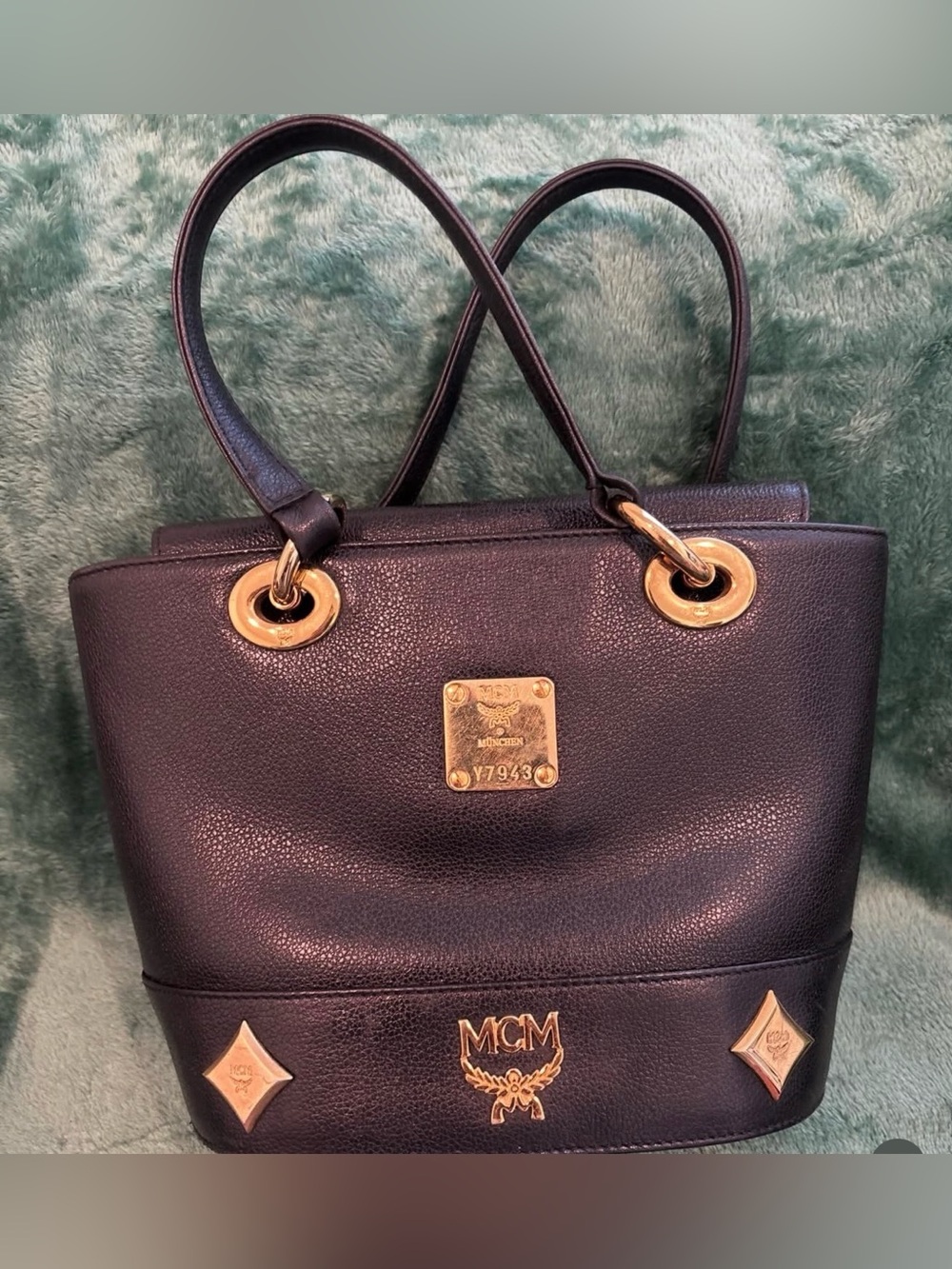 MCM Black Leather Tote with Gold Accents